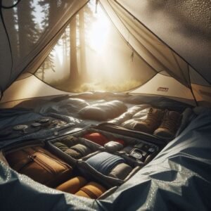 Macro product shot of the Coleman Sundome 4-person tent with rainfly partially open showing interior gear organization, morning dew on fabric, sun rays filtering through trees during the outdoor tech lab best camping & hiking gear 2025 review