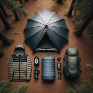 Aerial top-down flat lay of 2025's best camping & hiking gear: modern dome tent, Jetboil stove, Osprey backpack, hiking lightweight sleeping bag neatly arranged on pine forest floor with soft natural lighting, commercial product photography style