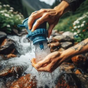 Close-up hands-on shot of Sawyer Squeeze water filter being used to fill a hydration bladder from a crystal clear mountain stream, water droplets frozen in motion, educational vibe