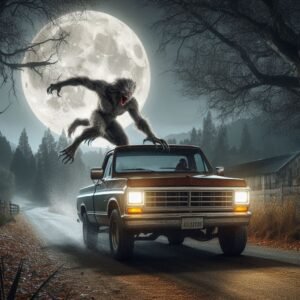 Dogman mid-leap attacking a parked pickup truck on a rural road, Beast of Bray Road style, full moon lighting, scratched metal, hyper-realistic wildlife photography