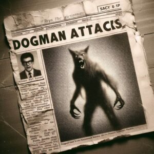Creepy vintage 1980s newspaper clipping titled 'DOGMAN ATTACKS' with grainy photo of a blurred wolf-man creature, aged paper texture