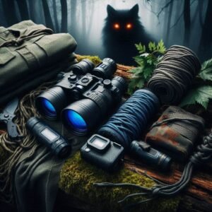 Dogman survival gear laid out on a mossy log: thermal monocular, bear spray, paracord, GoPro, and torn clothing, misty forest background with glowing eyes in shadows, outdoor tech lab recommended gear
