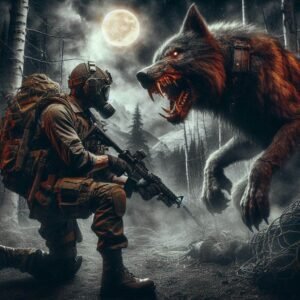 Survival expert in head-to-toe tactical gear facing off against a growling Dogman, tension-filled composition like a movie poster, dark fantasy realism