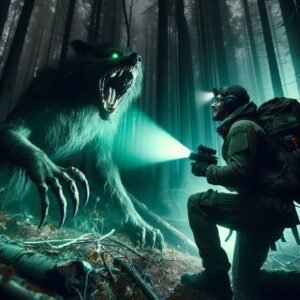 Terrified hiker shining a tactical flashlight at a snarling Dogman in pitch-black woods, ultra-detailed 8K photorealism, motion blur on claws, night vision green tint
