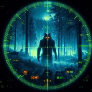 First-person POV through a night vision scope showing heat signature of a Dogman stalking through trees, HUD overlay with distance markers, sci-fi thermal camera effect
