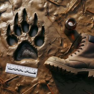 Close-up of a Dogman paw print in mud next to a human boot print for scale, forensic measurement markers, true crime documentary style