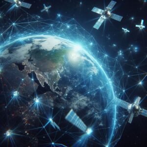 Abstract 3D render of Iridium's 66 satellites orbiting Earth with glowing connection lines, blue high-tech holographic style, global communication concept for iridium satellite phones