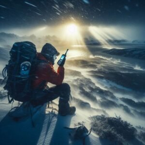 A hiker in Patagonia making an emergency call on an Iridium phone during a snowstorm, dramatic lighting, National Geographic photography style
