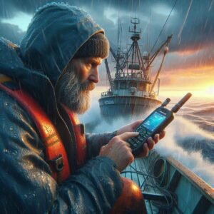 Weather-beaten fisherman using an Iridium phone on a fishing boat in rough seas, sunset colors, hyper-realistic detail with water droplets on the device