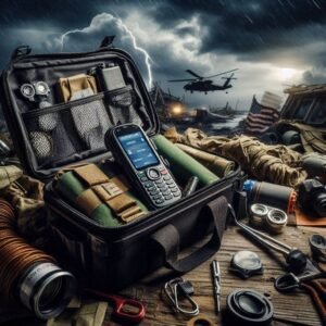 Emergency go-bag open to reveal Iridium satellite phones among survival gear, post-hurricane environment with moody atmosphere, dramatic lighting