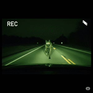 A shaky, grainy dashcam video still of the Michigan Dogman crossing a rural road at night—blurry but unmistakable, glowing eyes, eerie green tint, 'REC' timestamp in corner.