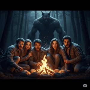 Group of terrified campers around a dying fire as a massive Michigan Dogman lurks just beyond the light—glowing eyes in darkness, tense atmosphere, ultra-realistic digital art, horror movie still.