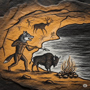 Primitive cave art depicting a wolf-headed humanoid hunting near a Great Lakes shoreline, ochre and charcoal pigments on rough stone, ancient cryptid legend aesthetic.