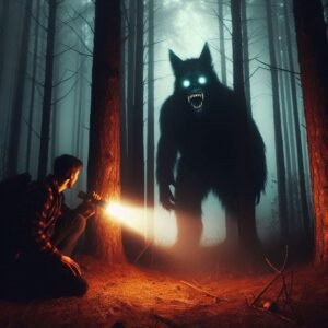 A terrified hiker shining a flashlight on a towering, shadowy Michigan Dogman lurking between pine trees—glimpsed from behind, glowing eyes reflecting light, misty autumn forest.