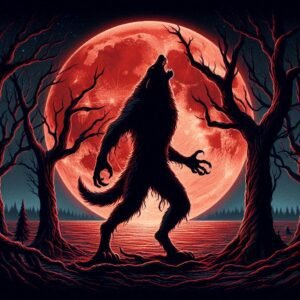 Silhouette of the Michigan Dogman standing on a moonlit lakeshore, howling at a blood-red full moon, gnarled trees in foreground, ultra-detailed digital painting style, eerie and mythical vibe.