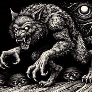 A detailed ink illustration of the Michigan Dogman mid-snarl, fur bristling, claws extended, in a dark forest with hidden eyes watching from the shadows, gothic woodcut style, high-contrast black and white.
