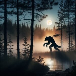 Dogman silhouette stalking between pine trees in the Manistee National Forest, full moon casting long claws shadows, mist rising from swamp water