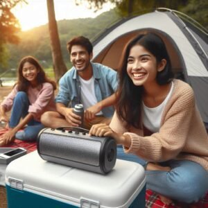 A family pitching a tent, waterproof bluetooth speakers playing background music on a cooler nearby, campsite setting, casual and happy scene, wide photo.