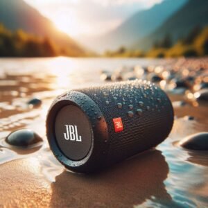A cylindrical, medium-sized waterproof bluetooth speaker (like a JBL Flip) sitting on wet sand near a river, clear water droplets on the speaker, vibrant colors of nature in the background, close-up photo.