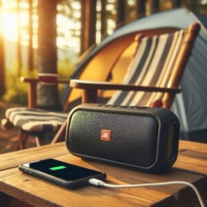 A larger, more robust waterproof bluetooth speaker (like a JBL Charge) placed next to a camping chair, a phone is plugged into it charging, tent and trees blurred in the background, warm daylight, focus on the speaker and phone connection, realistic.