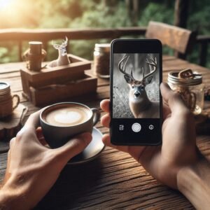 Person viewing wildlife camera images on smartphone, with clear screen showing deer photo, sitting at outdoor table with coffee, natural morning light, realistic
