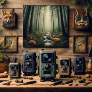 A flat lay of five different wildlife camera units arranged neatly on a wooden table with forest backdrop, product photography style, detailed textures, soft natural lighting for Outdoor Tech Lab review