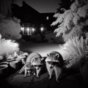 Authentic nighttime wildlife camera image of raccoons investigating a backyard area, infrared black and white photography, clear subjects against dark background