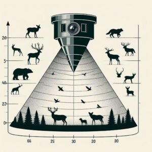 Simple diagram of wildlife camera detection range shown as a cone extending from camera, with silhouettes of animals at different distances, clean informative design with measurements