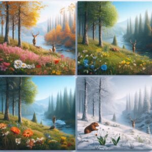 Four small images showing the same wildlife camera setup across different seasons - spring flowers, summer greenery, fall foliage, and winter snow, photorealistic style