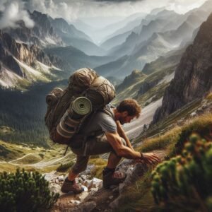 Realistic trail scene with hiker adjusting pack straps during uphill climb, showing real hiking effort, authentic outdoor experience, documentary style photography for the outdoor tech lab backpacking big 3 guide.