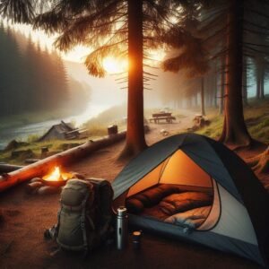 Complete campsite showing the Backpacking Big 3 in action - pitched tent, sleeping setup visible inside, backpack leaning against tree, evening campfire glow, peaceful wilderness setting, lifestyle camping photography
