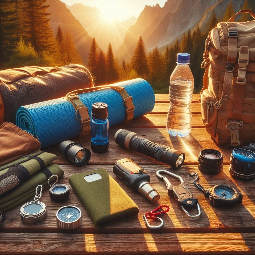 Top 10 camping and backpacking gear laid out on a wooden picnic table in golden hour lighting, including sleeping pad, water filter, backpack, flashlight, tent, compass, and carabiners. Mountain wilderness background, professional product photography style, vibrant colors, 16:9 aspect ratio