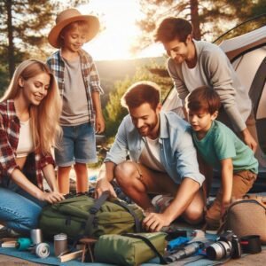 Happy family setting up campsite with featured backpacking gear visible, kids helping parents, wholesome outdoor adventure, natural lighting, lifestyle photography