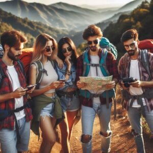 Diverse group of friends hiking with day packs, using navigation tools, teamwork and outdoor friendship, scenic trail background, active backpacking lifestyle photography