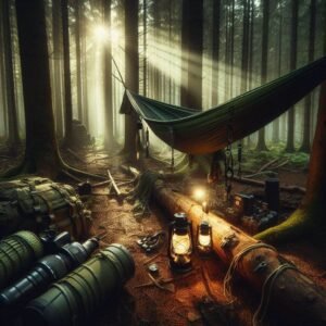Dense forest camping with hammock setup, tactical lighting, and navigation tools, mysterious woodland adventure, dappled sunlight through trees