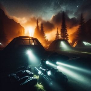 Campsite at night with tactical flashlights providing security lighting, safety and preparedness theme, dramatic night photography with multiple light sources