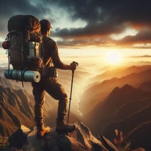 Adventurer with fully loaded backpack standing on mountain ridge at sunrise, wearing hiking boots, holding trekking poles, with camping gear visible. Dramatic landscape, inspirational outdoor adventure mood, cinematic lighting for backpacking gear test.