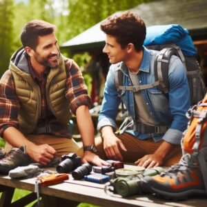 Friendly outdoor tech lab expert giving advice to a beginner hiker, both wearing hiking gear, looking at backpacking equipment spread on a picnic table, outdoor gear shop or trailhead setting, natural lighting, helpful consultation vibe near Ludington, MI.