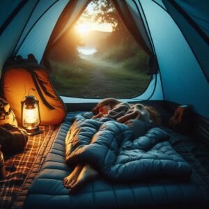 Cozy campsite scene at dusk showing a sleeping bag and sleeping pad setup inside a partially open tent, warm LED lantern glow, person's legs visible in sleeping bag, realistic camping atmosphere, evening blue hour lighting