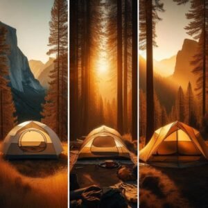 Split composition showing three tent types - dome tent, tunnel tent, and tarp setup, same campsite location, side-by-side comparison, golden hour lighting, mountain forest setting, professional outdoor gear photography for the backpacking big 3 review.