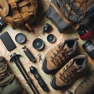 Overhead shot of hiking shoes next to essential gear (backpack, trekking poles, compass), arranged on topographic map, earthy color palette
