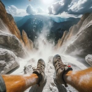 First-person POV shot of hiking shoes gripping steep rock face, chalk dust flying, GoPro adventure perspective
