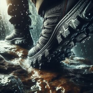 Macro photo of men's  hiking shoe sole gripping wet slippery rock, water droplets on tread, shallow depth of field, dramatic lighting