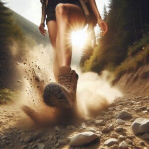 Slow-motion action shot of women's boot crushing gravel on steep trail, dust flying, POV perspective