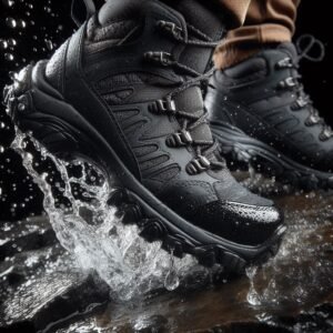 Macro shot of women's waterproof hiking boots tread gripping wet rock, water droplets suspended mid-splash, studio lighting