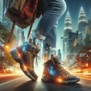 Urban explorer outfit transition: City sneakers morph into rugged women's hiking boots with animated sparkle effect