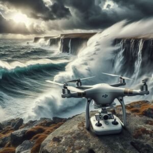 A DJI Air 3 drone battling strong winds near a coastal cliff, waves crashing below. Dramatic stormy sky, technical realism showing stability in harsh conditions.
