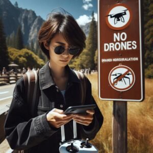 A drone pilot checking a smartphone with the B4UFLY app open, standing at a national park entrance sign saying 'No Drones.' Serious tone, documentary style.