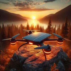 A concept drone with foldable solar panels charging on a rock in the wilderness. Sci-fi meets realism, glowing orange sunset.