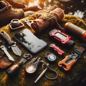 A rugged outdoor gear spread: iPhone, emergency beacon, flare, whistle, survival blanket, and multitool arranged on a mossy rock. Warm natural lighting, REI catalog aesthetic